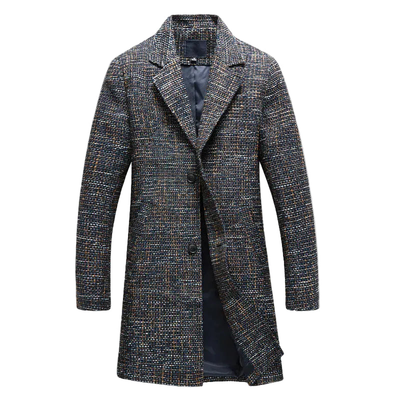 Elegant herrkappa i ull med klassisk design och tre knappar. Stilrent ytterplagg perfekt för höst- och vintermode.