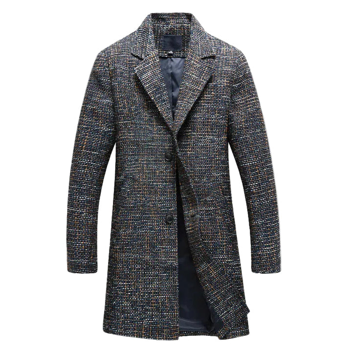 Elegant herrkappa i ull med klassisk design och tre knappar. Stilrent ytterplagg perfekt för höst- och vintermode.