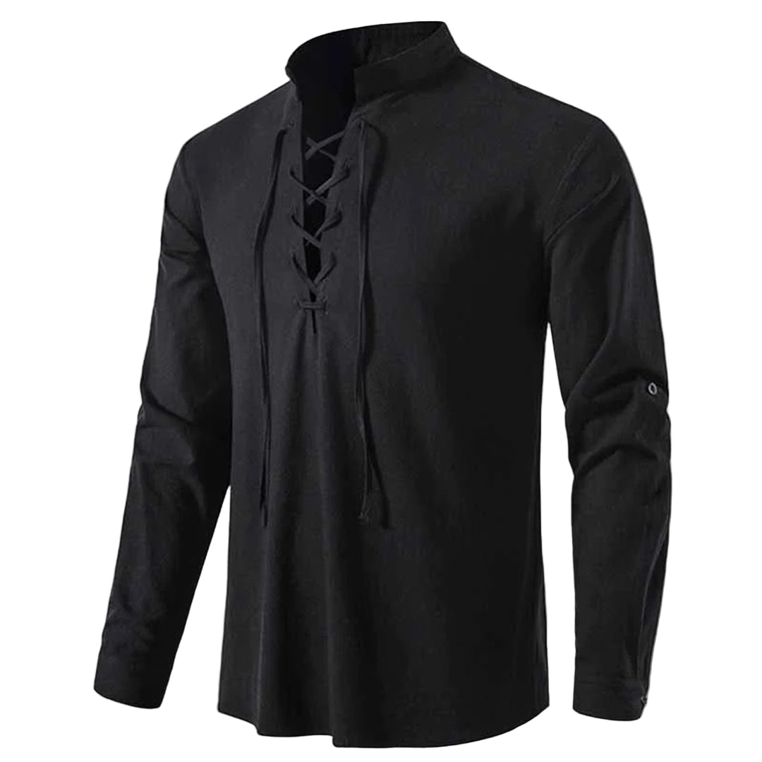 Elegant herrskjorta med V-ringning & snörning. Mångsidig casualstil för sommar & vardag.