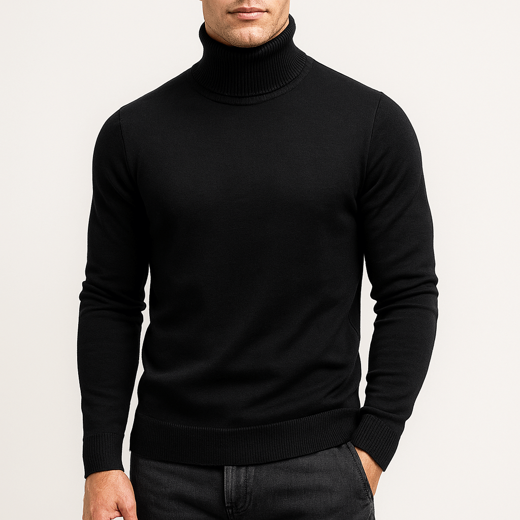 Minimalistisk herrtröja med turtleneck. Enfärgad, bekväm & elegant hög krage tröja för vintermode.