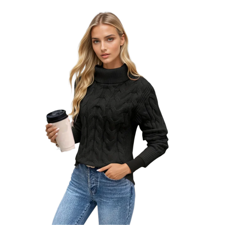 Elegant kabelstickad damtröja med turtleneck, perfekt för höst & vinter. Varm & bekväm stickad.