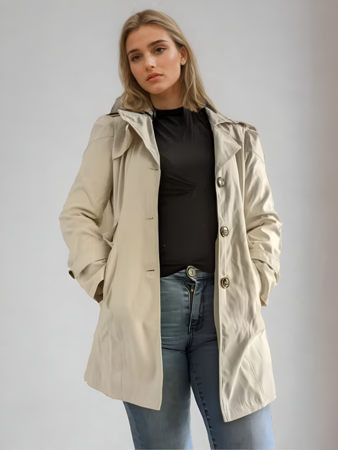Ljusbrun kvinnlig trenchcoat, idealisk som vårkappa. Elegant ytterplagg för en modern look och bekväm stil.