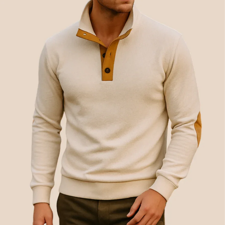 Baksida av slim fit kvartströja med diskreta läderdetaljer. Modern & bekväm herrtröja för alla tillfällen.