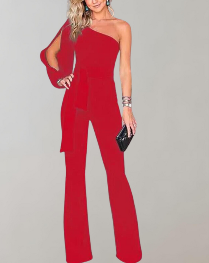 Trendig kvinnors jumpsuit med rosettbälte, en bekväm och glamourös festbyxdress.