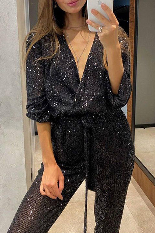 Kvinnors eleganta paljettbyxdress med smickrande omlott V-hals, en iögonfallande fest- och kvällsoutfit.