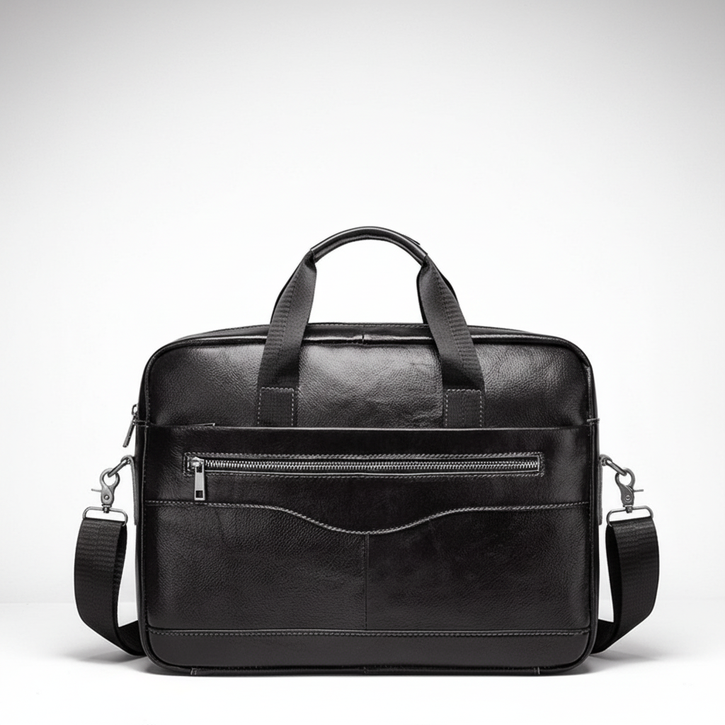 Exklusiv läderportfölj för laptop med vadderat fack, elegant och säker för transport av värdefull teknik.