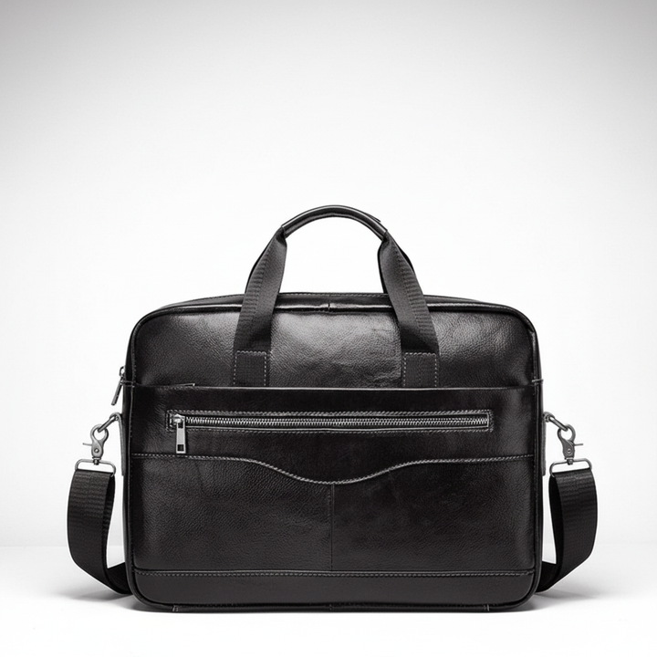 Exklusiv läderportfölj för laptop med vadderat fack, elegant och säker för transport av värdefull teknik.