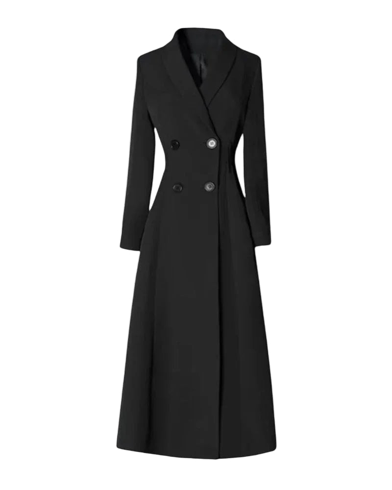 Elegant lång, dubbelknäppt trenchcoat för kvinnor i klassisk stil. Perfekt höst- och vårkappa, finns i svart och grått.