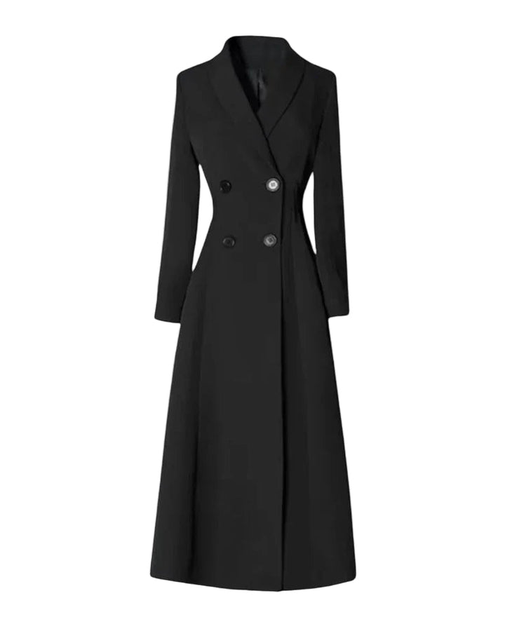 Elegant lång, dubbelknäppt trenchcoat för kvinnor i klassisk stil. Perfekt höst- och vårkappa, finns i svart och grått.