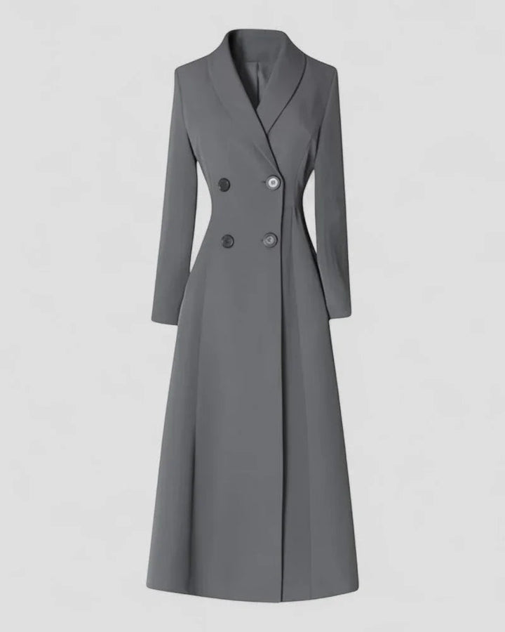 Kvinnors dubbelknäppta långa trenchcoat, ett elegant ytterplagg för vardag och formella tillfällen. Svart och grå modekappa.