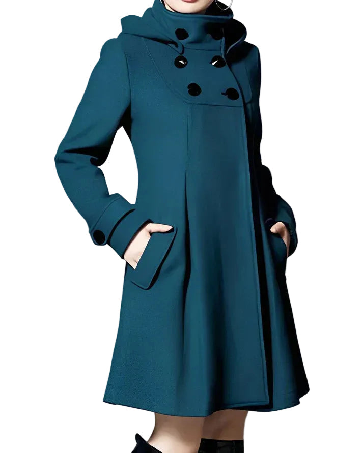 Elegant lång kappa med huva för kvinnor. Stilrent ytterplagg perfekt som varm höst- och vinterkappa.