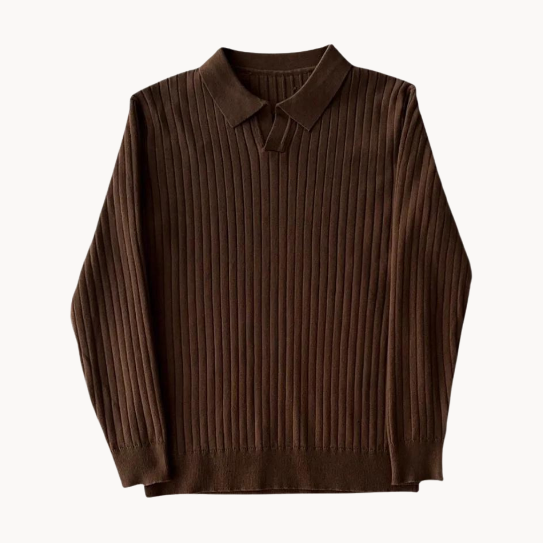 Herrtröja med öppen krage, långa ärmar. Elegant och modern design för en sofistikerad vardagslook.
