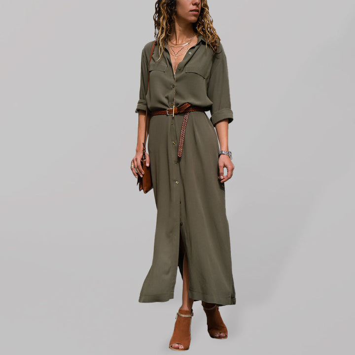 Kvinnors långärmad maxiklänning. Elegant och bekväm skjortklänning i polyester, idealisk för vår/sommar.