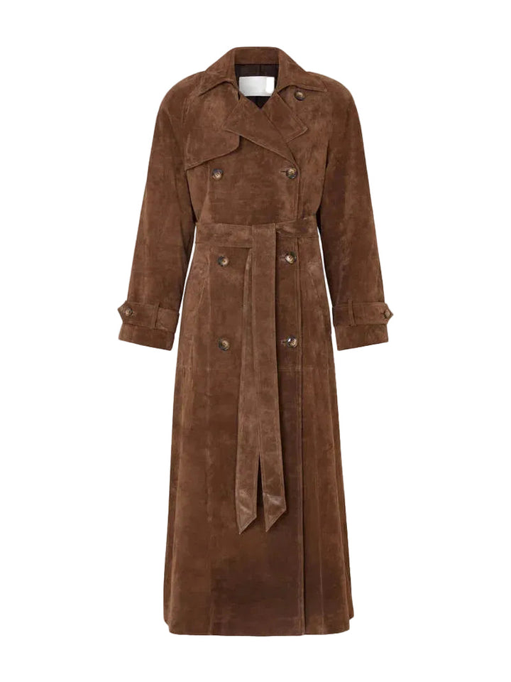 Elegant lång trenchcoat för kvinnor med stilren siluett och klassisk design, perfekt ytterplagg för höst och vinter.