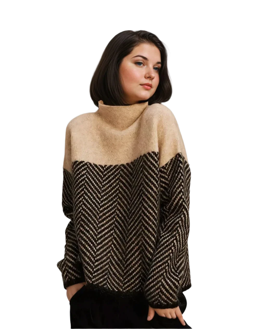 Elegant mönstrad dam turtleneck tröja. Bekväm och stilren för vardag eller kontor. Perfekt för höstmode.