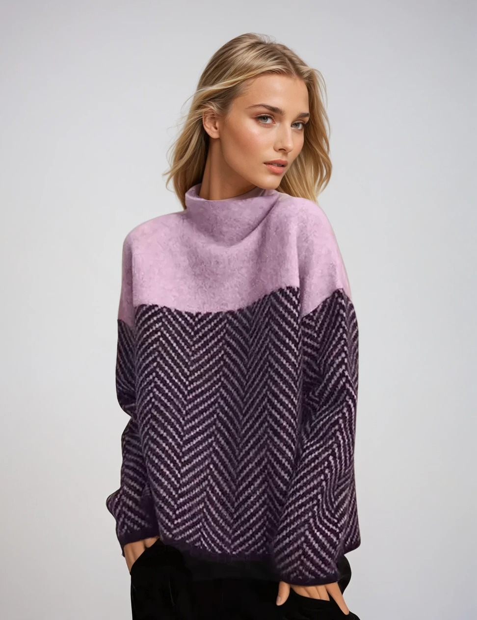 Stilren mönstrad turtlenecktröja för dam. Elegant design, perfekt för både kontor och ledig stil. Höstkläder.
