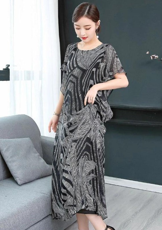 Kvinnors mönstrad chiffong kaftan klänning med ledig passform och elegant O-hals, idealisk som festklänning.