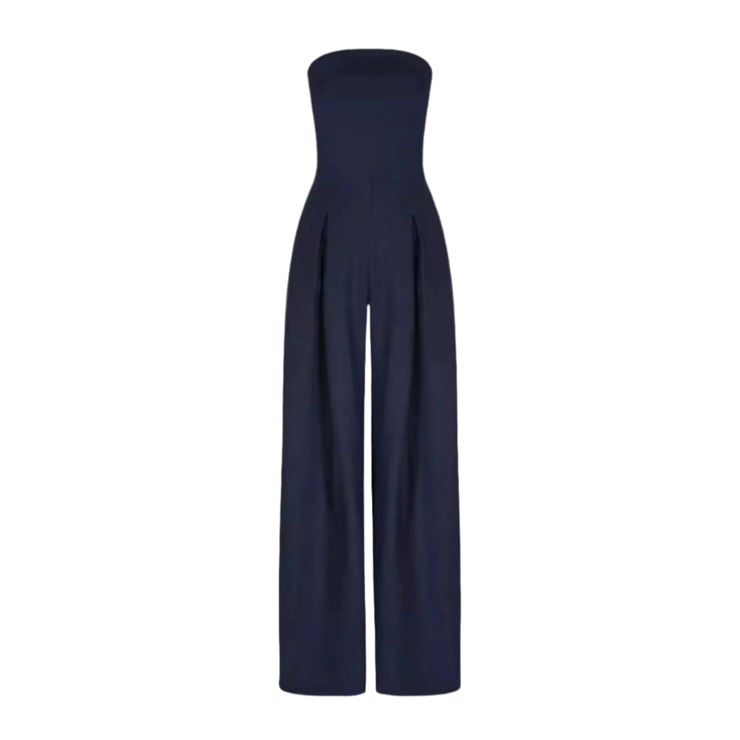 Elegant mörkblå axelbandslös damjumpsuit med vida ben, perfekt för sommarfest eller stilren vardag.