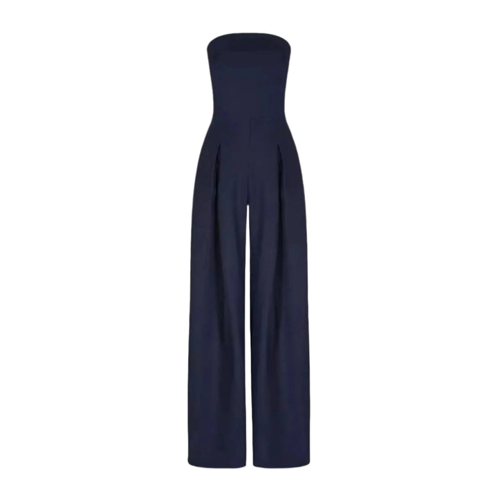 Elegant mörkblå axelbandslös damjumpsuit med vida ben, perfekt för sommarfest eller stilren vardag.