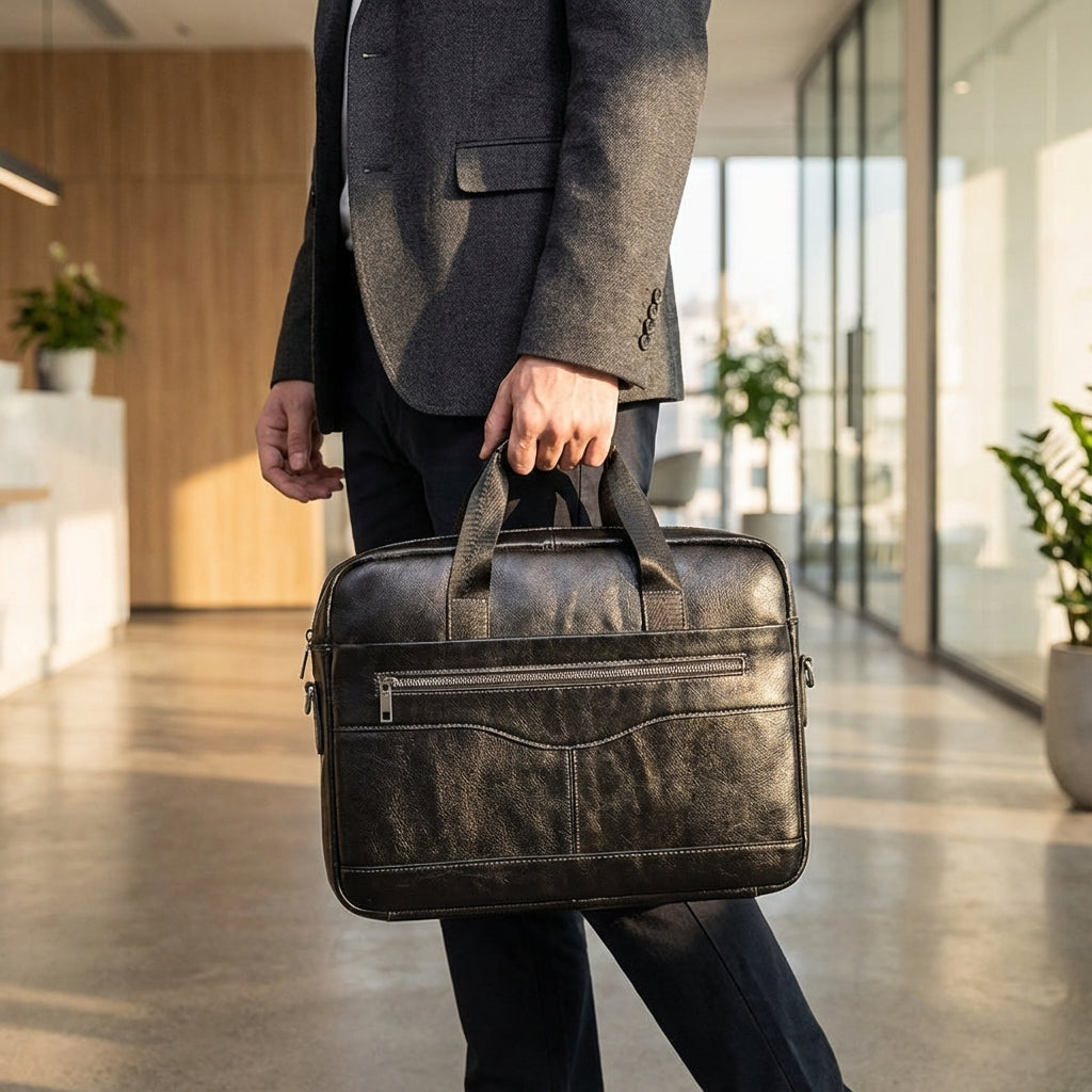 Elegant Navaroox aktväska i äkta läder för laptop. Stilfull unisex affärsväska, perfekt för jobb & pendling.