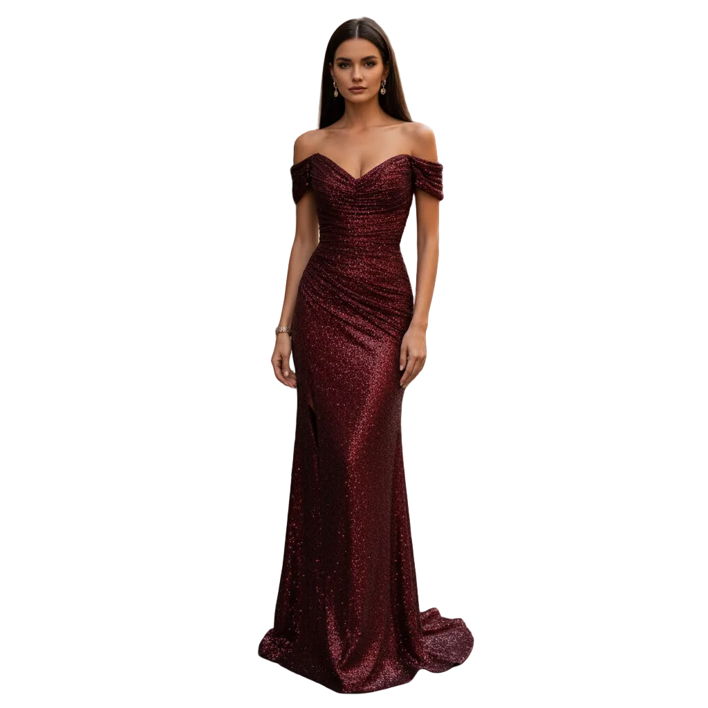 Elegant off-shoulder aftonklänning med paljetter för kvinnor. Perfekt för fest, bröllop eller kvällsevenemang.