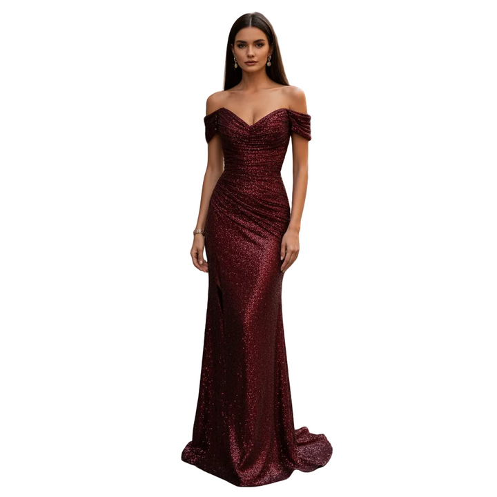 Elegant off-shoulder aftonklänning med paljetter för kvinnor. Perfekt för fest, bröllop eller kvällsevenemang.