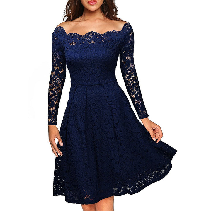 Kvinnors off-shoulder spets midiklänning i vintage-stil, en elegant festklänning för kvällens evenemang.