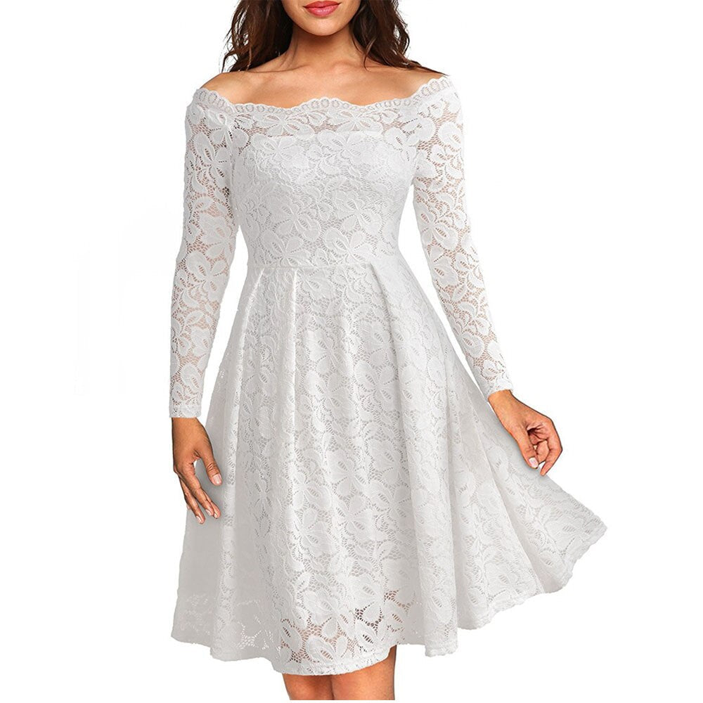 Vintage-inspirerad off-shoulder midiklänning för kvinnor, elegant och sofistikerad festklänning med spetsdetaljer.