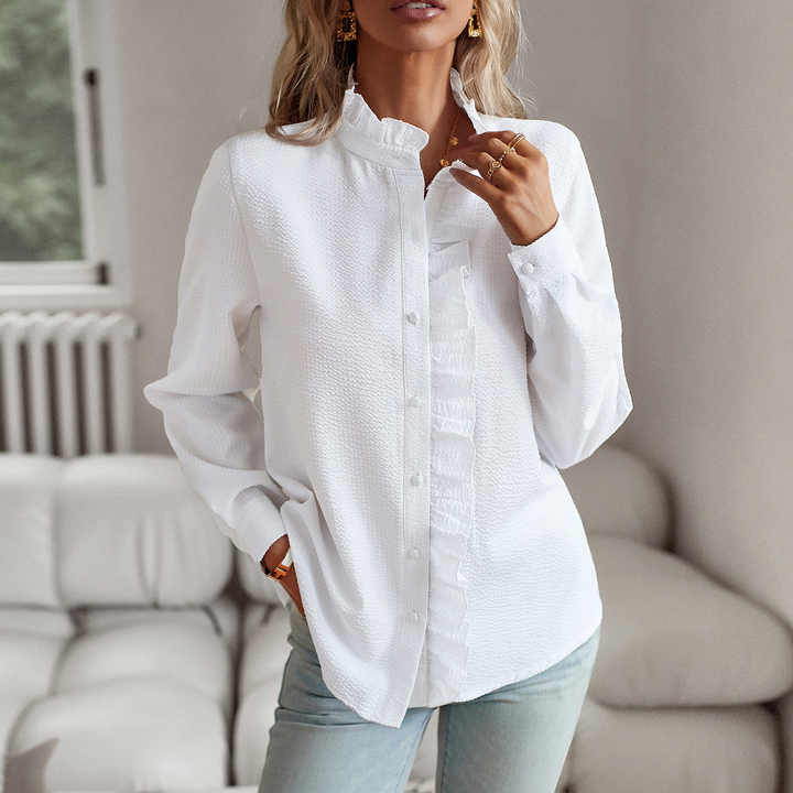 Vardagsblus för kvinnor med långa ärmar i polyester, tidlös och bekväm stil.