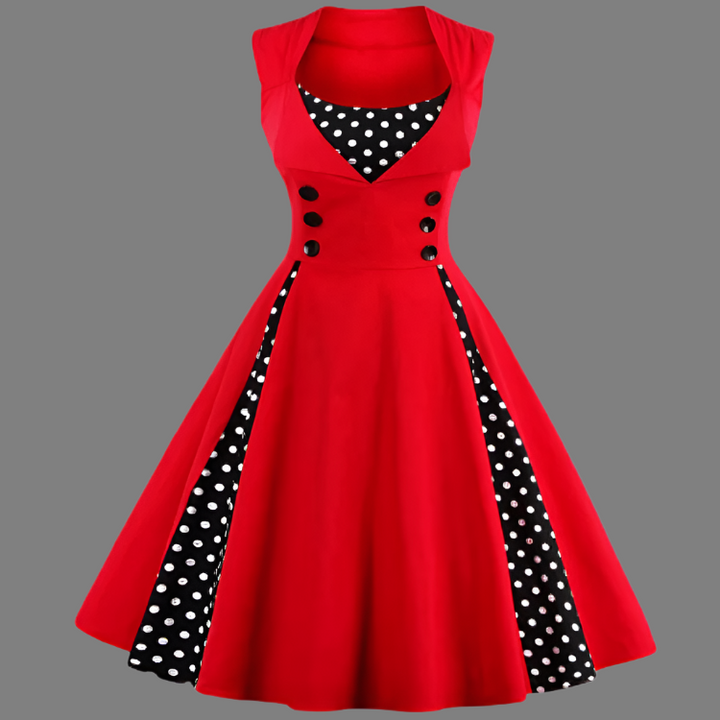 Kvinnlig avslappnad röd polkadot-klänning i retrostil, idealisk som elegant vintage vardagsklänning.