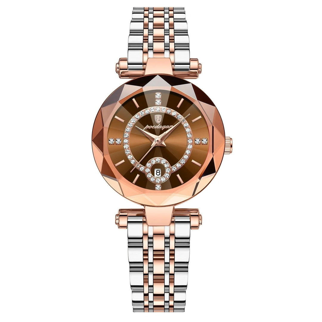 Roséguld armlänk på elegant damklocka. Kvarts armbandsur med diamantstil, lyxig accessoar.
