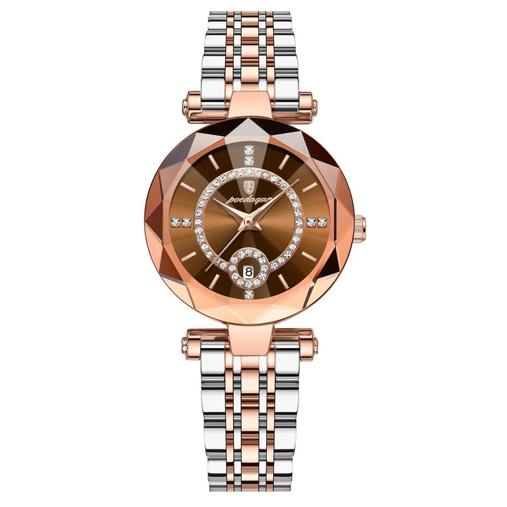 Roséguld armlänk på elegant damklocka. Kvarts armbandsur med diamantstil, lyxig accessoar.