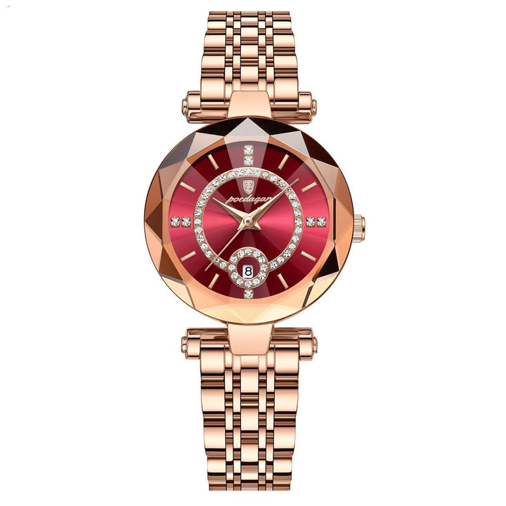 Elegant roséguld damklocka med diamantstil, kvartsur på handled. Lyxig tidlös accessoar.