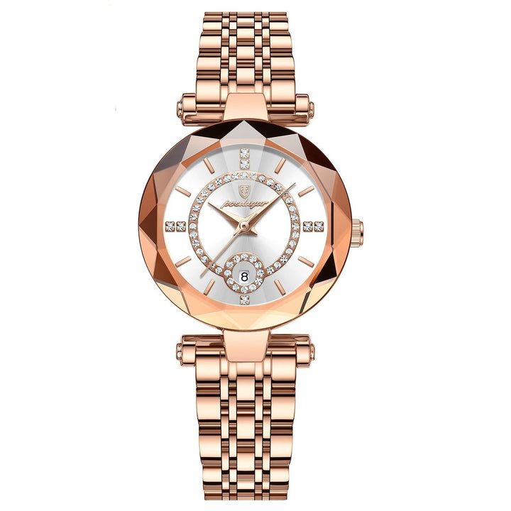 Lyxig damklocka som gåva: roséguld kvartsur med diamantstil. Elegant armbandsur i presentask.