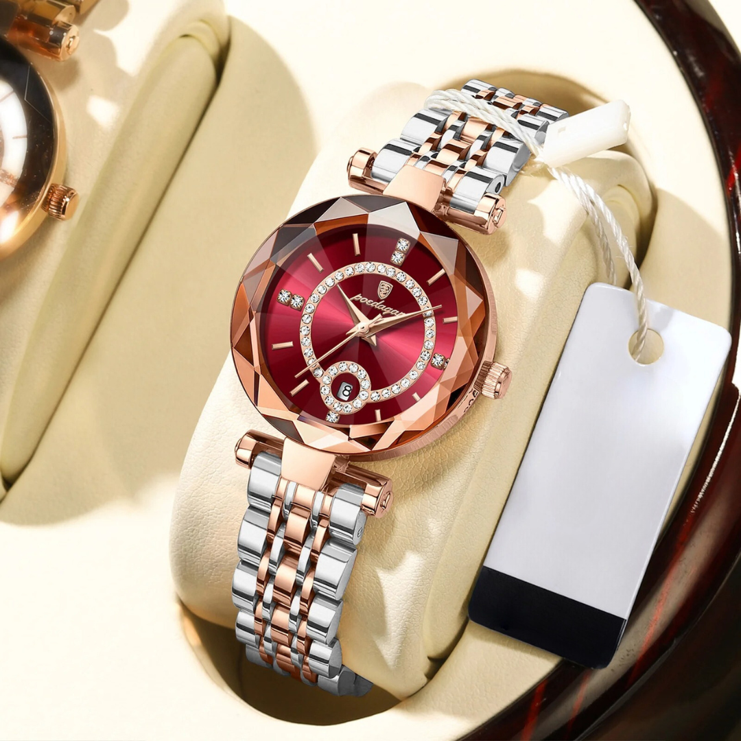 Damklocka i roséguld med diamantstil, kvartsur. Elegant armbandsur som lyxig accessoar.