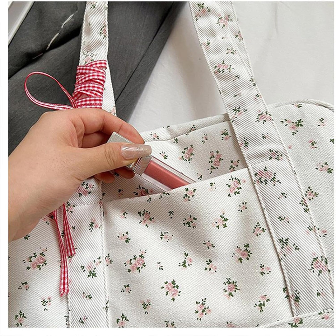 Mångsidig rosa canvasväska med rosett. En snygg reseväska & shoppingväska för kvinnor.