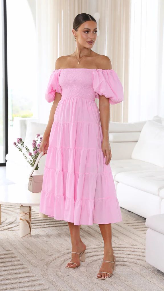 Rosa luftig off-shoulder midi damklänning. Bekväm elegant sommarklänning, idealisk för fest & vardagsbruk.