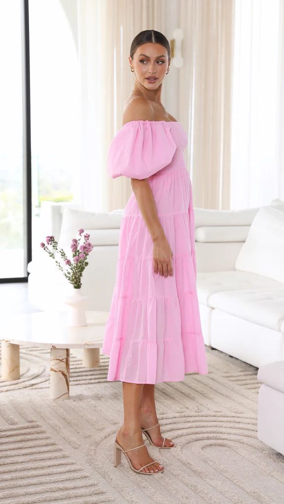 Rosa off-shoulder midi klänning för dam. Elegant sommarklänning, perfekt för fest och sköna vardagsdagar.
