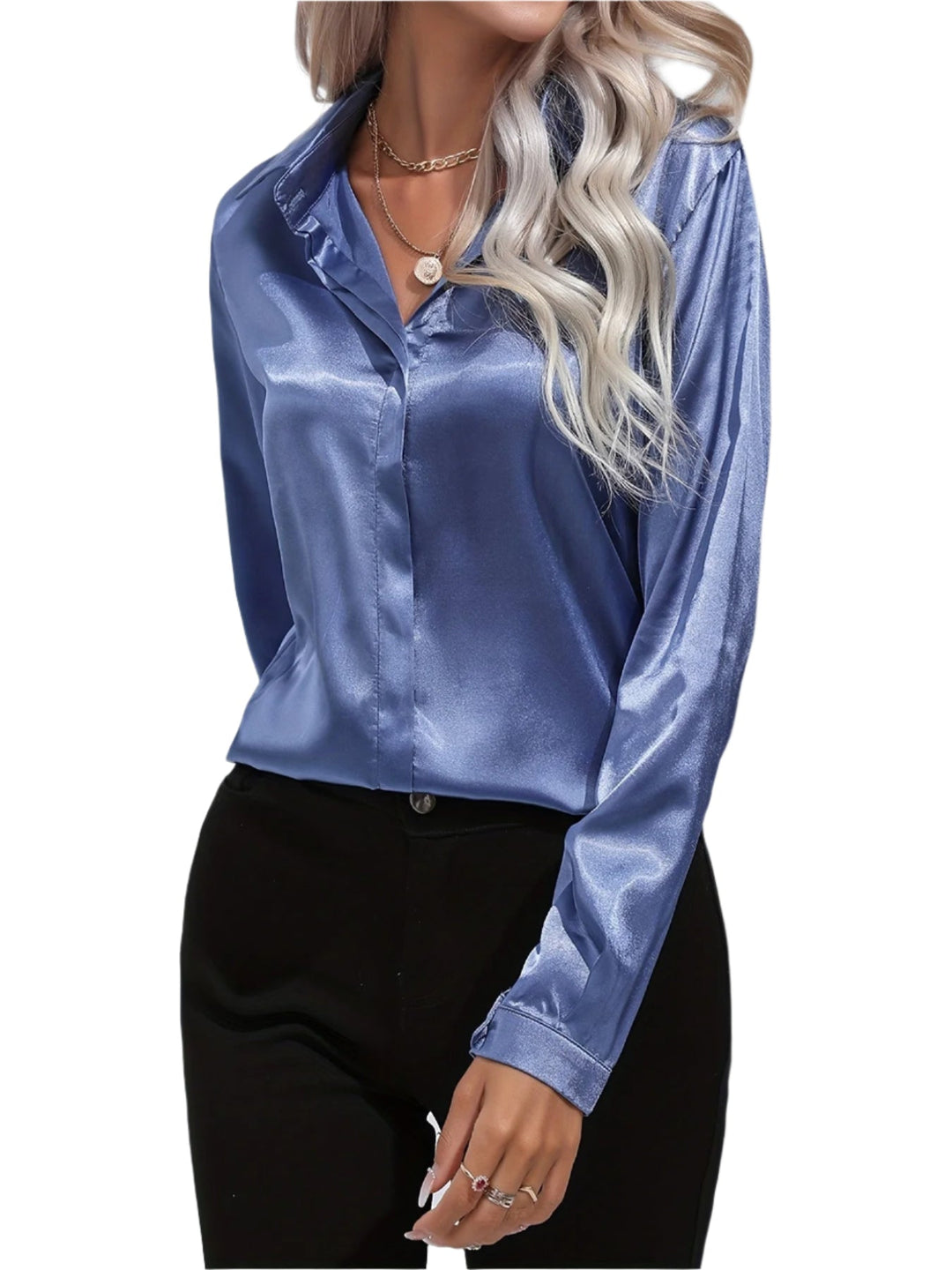 Elegant satinblus för kvinnor, perfekt för höst/vinter, med slät finish & chic stil.
