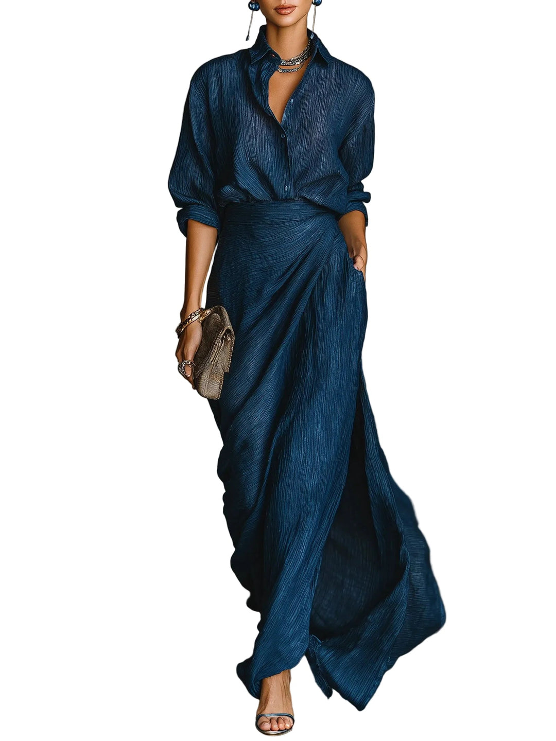 Elegant set med kvinnors skjorta och flödande lång kjol, perfekt för formella tillfällen och sommar dammode.