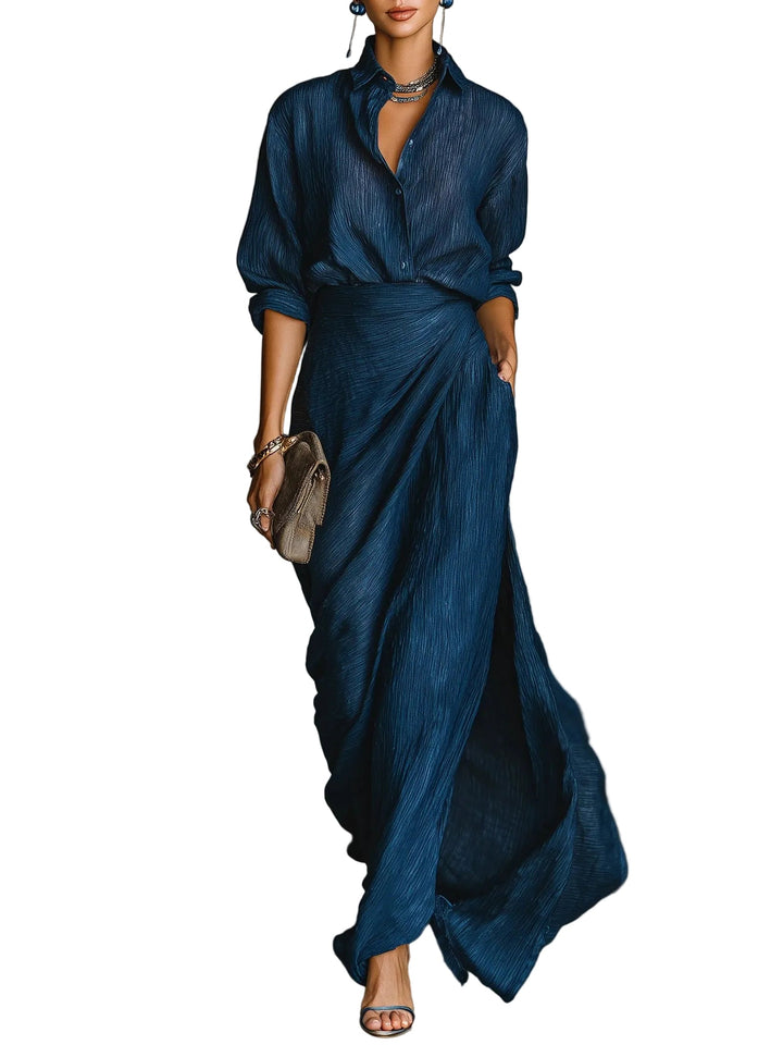 Elegant set med kvinnors skjorta och flödande lång kjol, perfekt för formella tillfällen och sommar dammode.