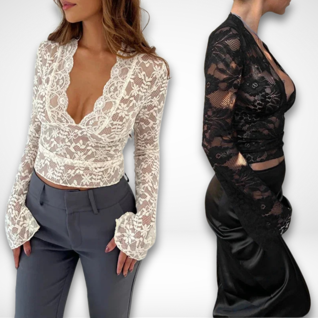 Svart elegant spetstopp slim fit, perfekt för en kvällsfest eller som en chic vardagstopp.