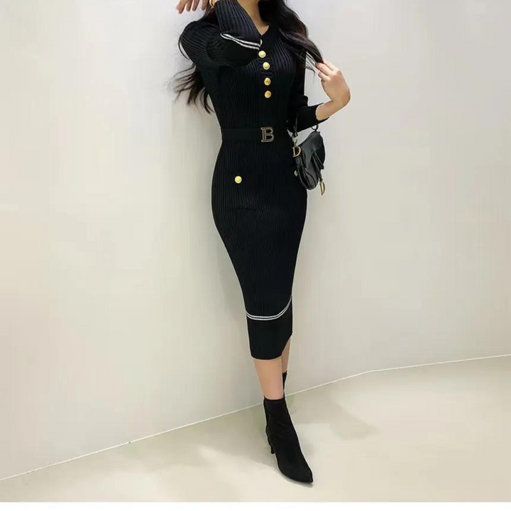 Kvinnors modeklänning, stickad bodycon med bälte, o-ringad, en tidlös stil för hösten.