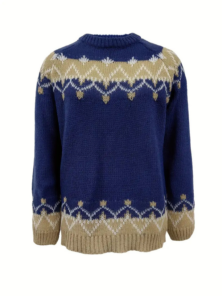 Elegant stickad jacquard pullover för dam. Långärmad vintertröja med avslappnad passform för höstmode.