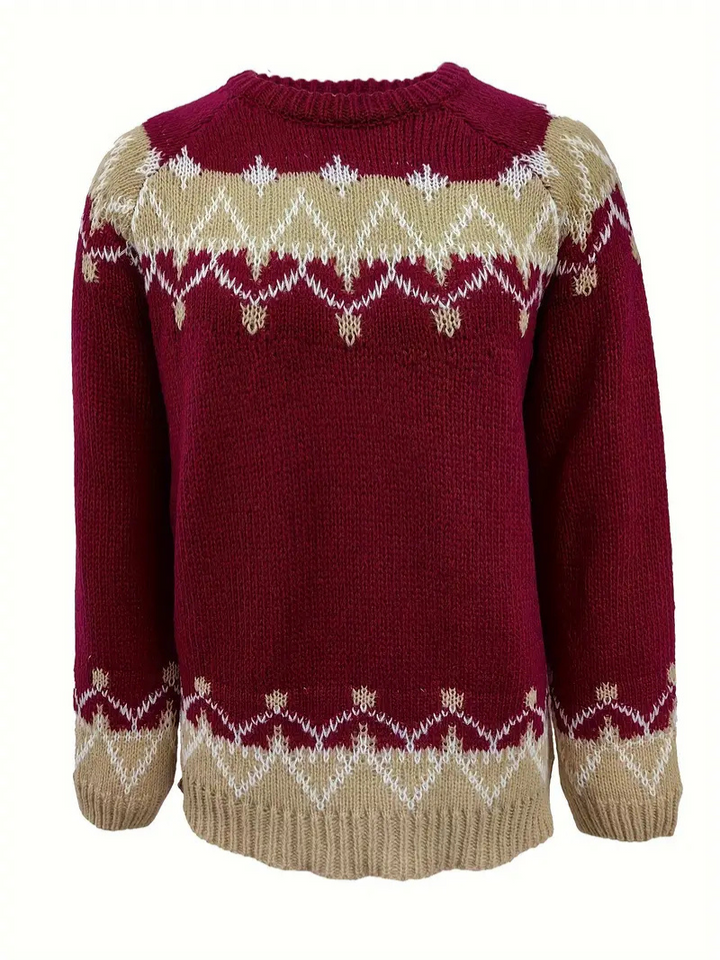 Närbild på den detaljerade jacquardmönstret på damernas stickade pullover. Varm och stilfull.