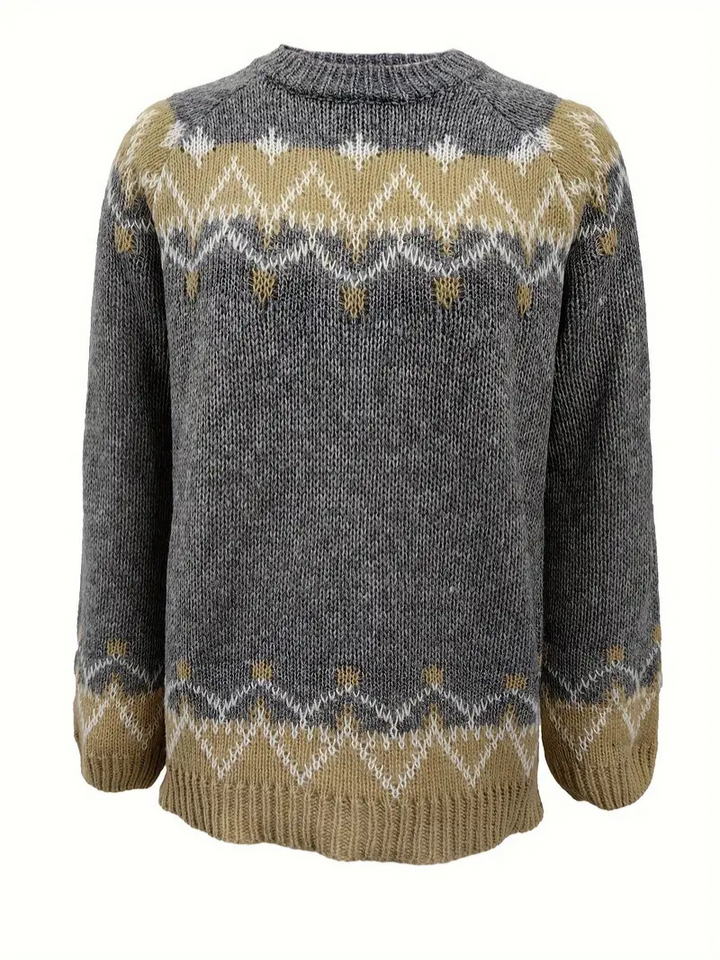 Mjuk, stickad dam-pullover i jacquard med långa ärmar. Idealisk vintertröja för komfort och stil.