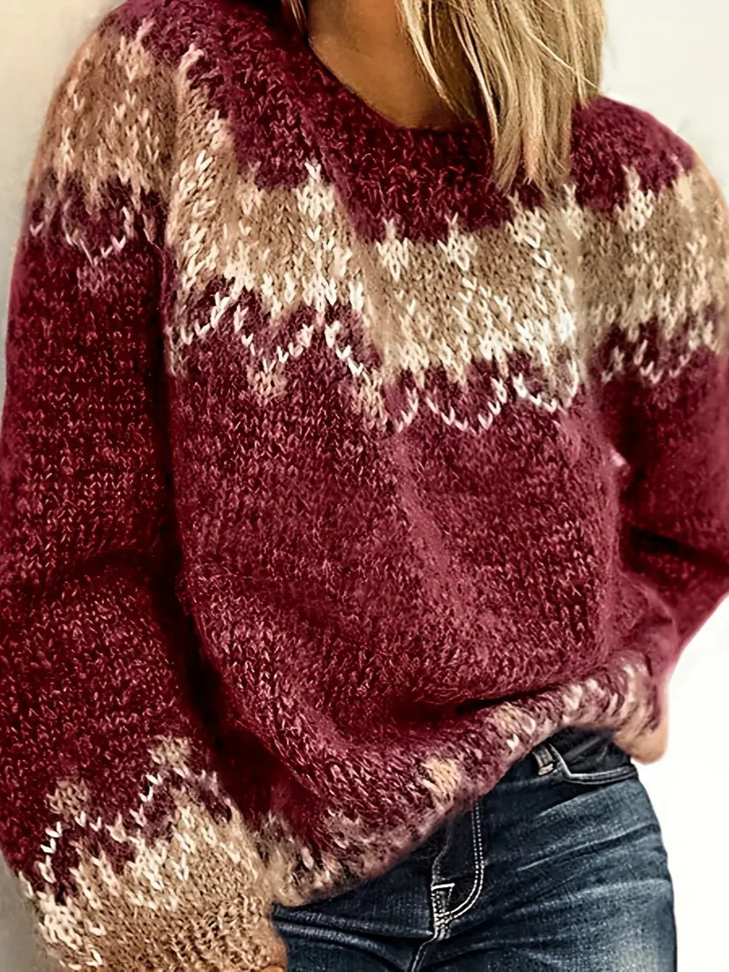 Mångsidig jacquard pullover för dam, perfekt för både avslappnad vardagsstil och elegant höstmode.