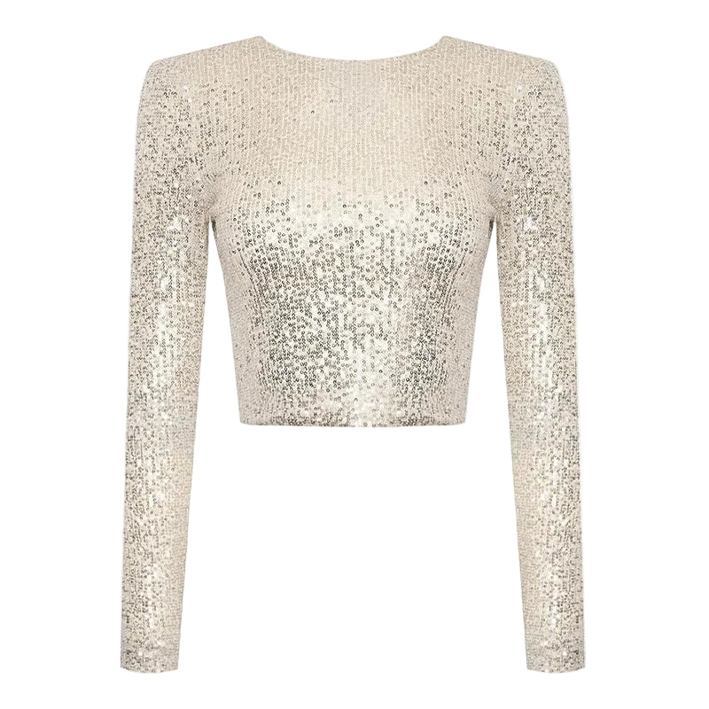 Elegant svart crop top för kvinnor med glittriga paljetter, perfekt för fest och glamour.