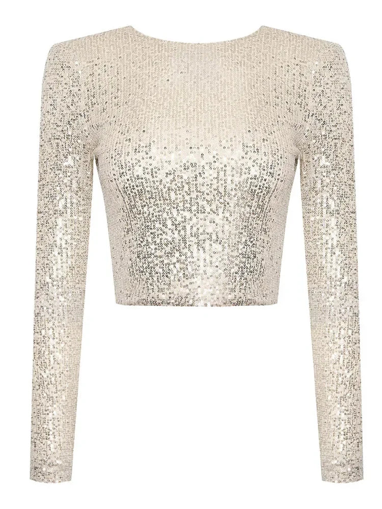Svart paljett crop top för dam, med långa ärmar, idealisk för glamourösa fester.