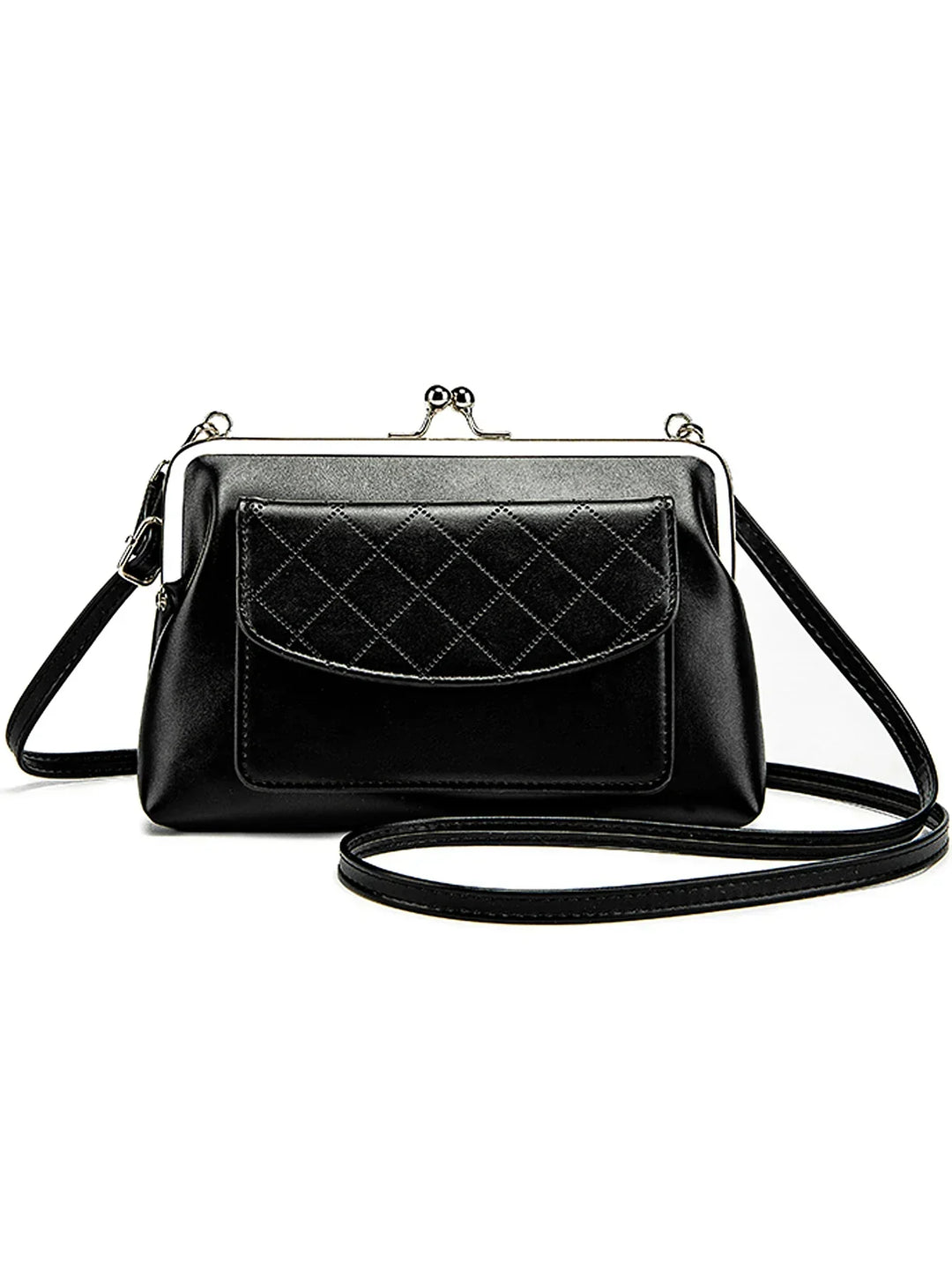 Elegant svart dam crossbodyväska med unik guldfärgad läppstängning. Kompakt och chic.
